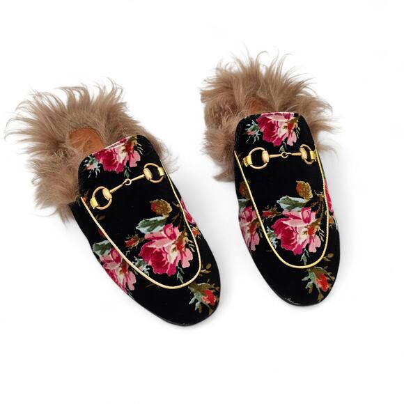 Gucci Princetown Horsebit Flat Slide Mule Fur Floral Black Velvet Size 38 US 8 - Picture 1 of 10